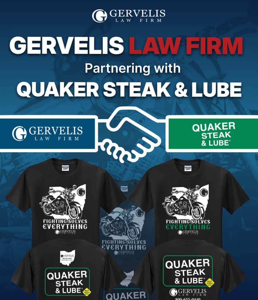 Flyer depicting Gervelis Law Firm x Quaker Steak and Lube partnership.