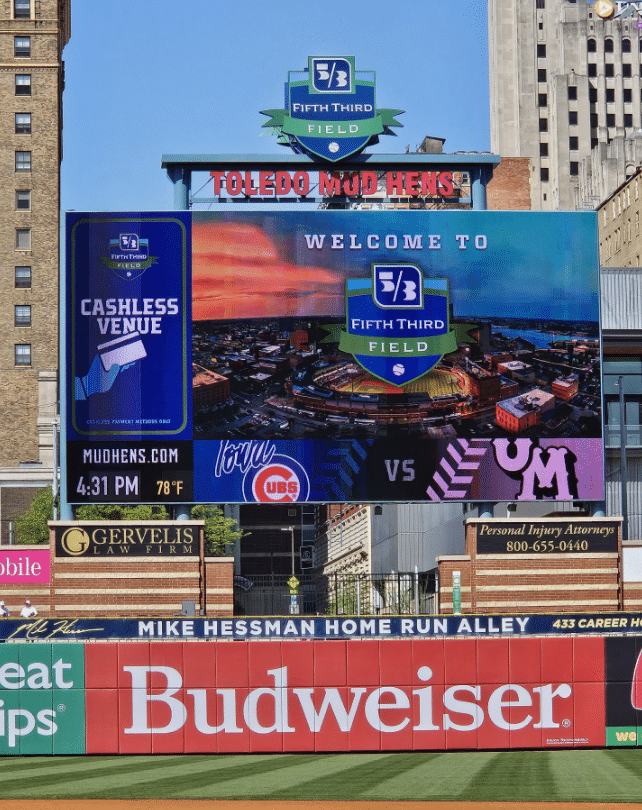 Gervelis Law firm signage in Toledo Mud Hens stadium