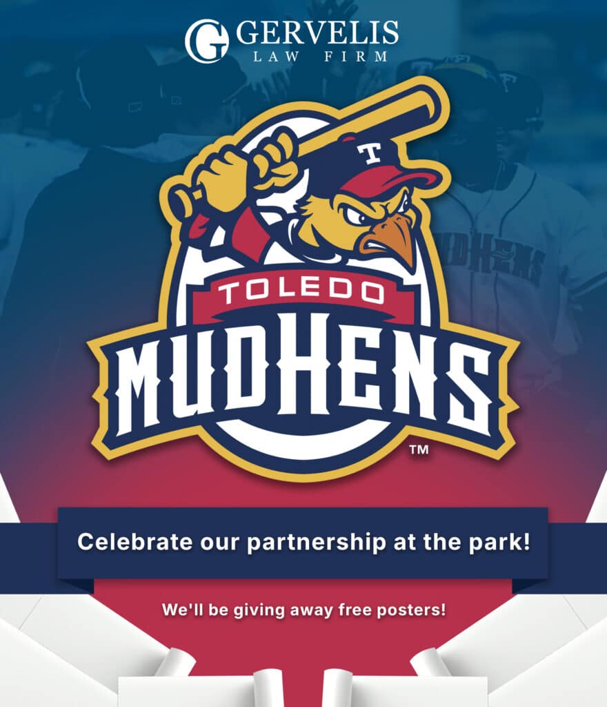 Flyer depicting Gervelis Law Firm x Toledo Mud Hens partnership