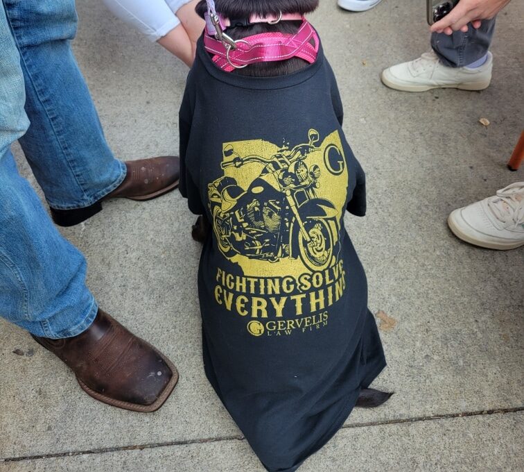 Dog wearing Gervelis Motorcycle campaign shirt