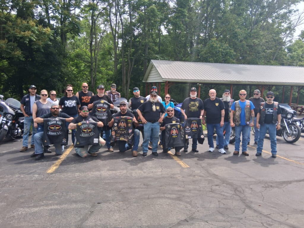 American Legion Rider Group of Leetonia, Ohio poses for group photo wearing Gervelis motorcycle safety t shirts