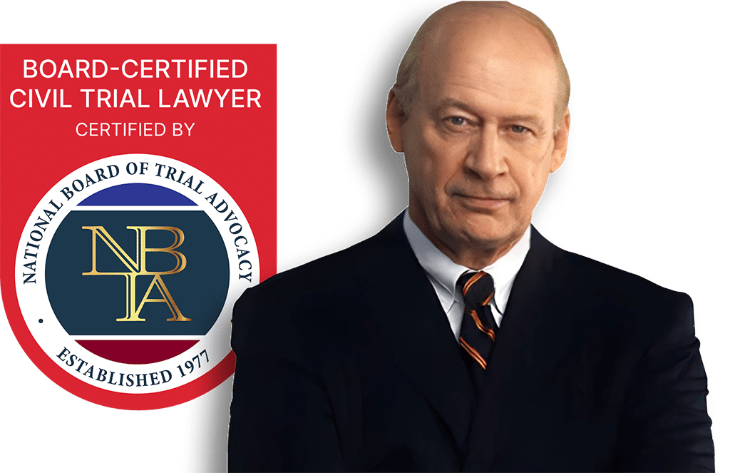 Mark Gervelis in front of Board-Certified Civil Trial Lawyer badge