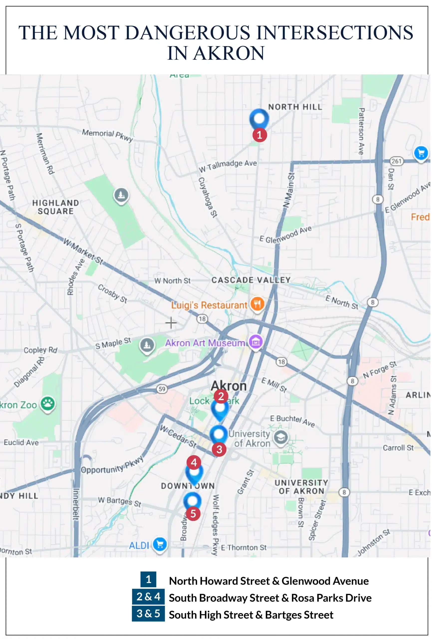 Map of the most dangerous intersections in akron