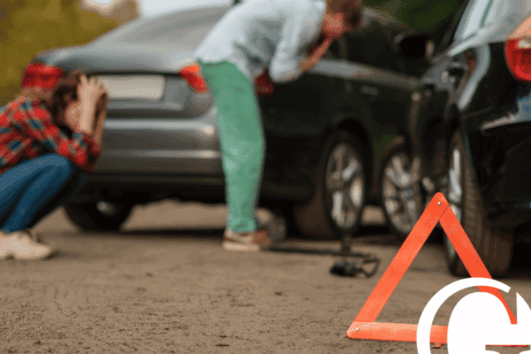 Two individuals with their head in their hands inspecting their vehicles after a collision