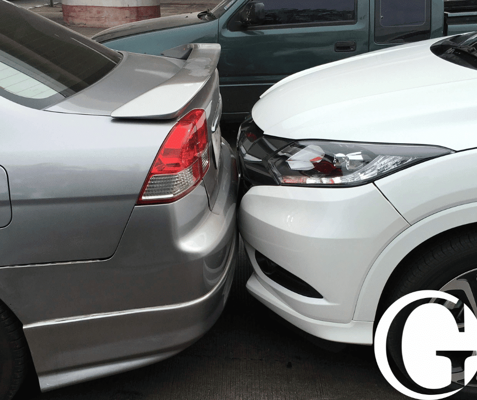 Close up of two cars involved in a rear end accident