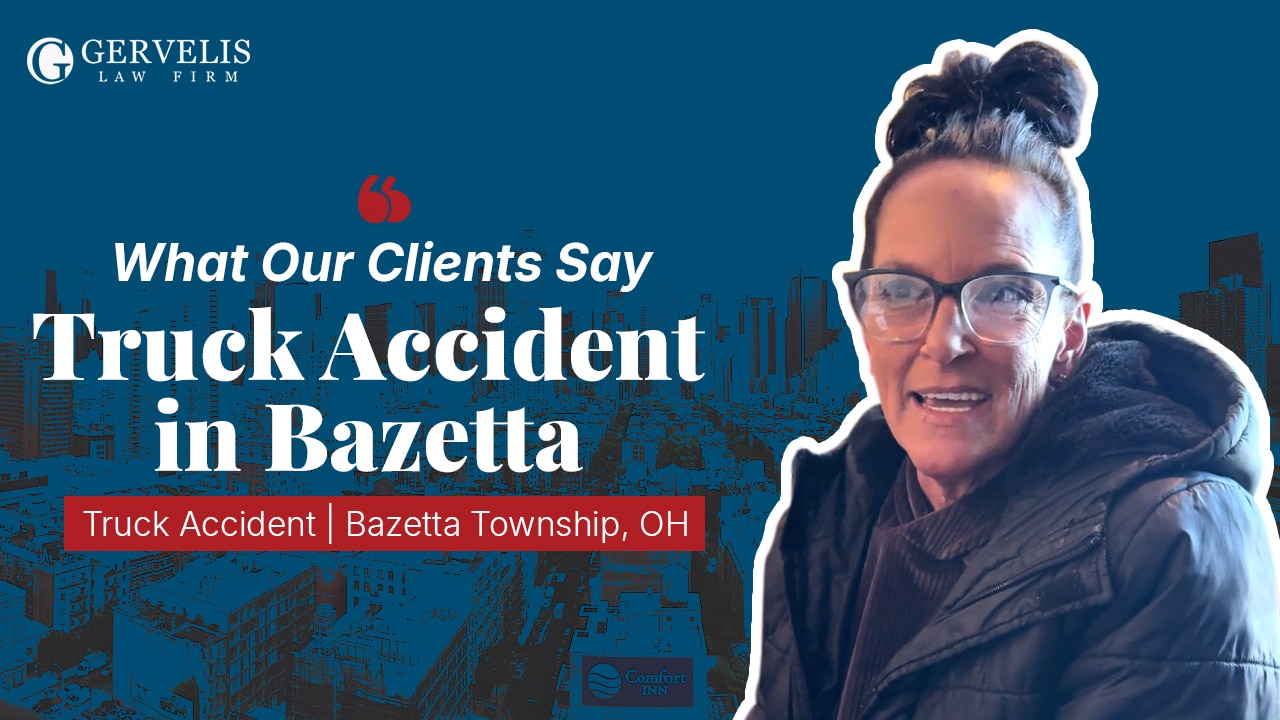 Client headshot over thumbnail text "truck accident in Bazetta"
