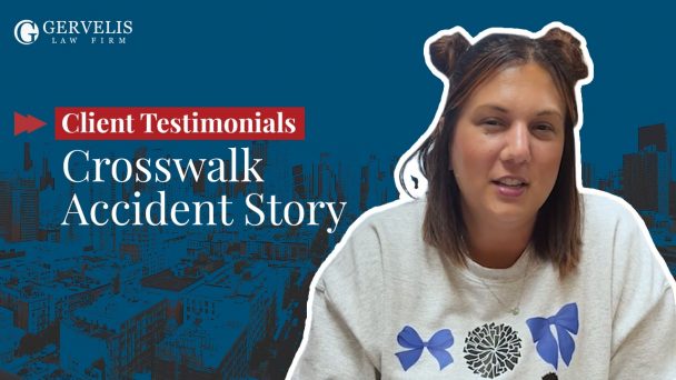 Thumbnail with woman next to words "Crosswalk accident story"