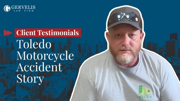 Client headshot next to thumbnail text "Client Testimonials: Toledo Motorcycle Accident Story"